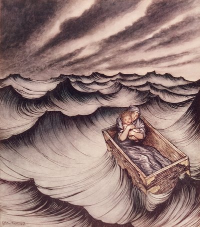 Danae and her son Perseus put in a chest and cast into the sea, 1914 by Arthur Rackham